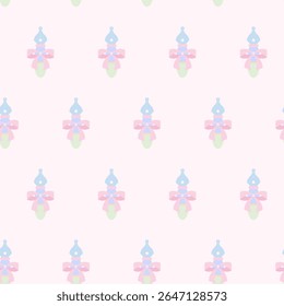 Coquette padrão sem emenda com frascos de bebê pastel e arcos cor-de-rosa no fundo claro. Design de vetor recém-nascido bonito para tecido de viveiro e papelaria