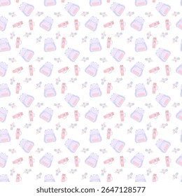 Coquette seamless pattern with pastel backpacks, gift bottles, cute popsicles. Kawaii girly vector design, soft colors, repeat background for stationery and fabric.