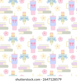 Coquette padrão sem emenda com livros pastel, copos, lápis com arcos e flores. Design vetorial bonito de volta à escola para artigos de papelaria, tecidos e planejadores