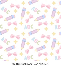 Coquette padrão sem emenda com lápis pastel, arcos cor-de-rosa, letras abc, estrelas amarelas suaves. Design de vetor de volta à escola bonito para tecido e artigos de papelaria.