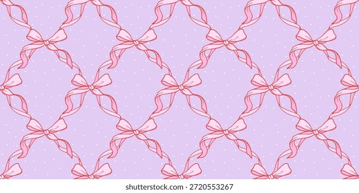 Coquette Padrão sem emenda arco rosa com fitas no fundo roxo. Bela textura de papel de parede de repetição. Fundo de papel de embrulho feminino para Valentine e aniversário. Arte de ilustração vetorial