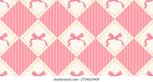 Coquette Seamless Pattern with Pink Bow Ribbon on Striped background. Feminine cute print for wrapping paper or textile. Repeat diamond shaped wallpaper. Vector illustration