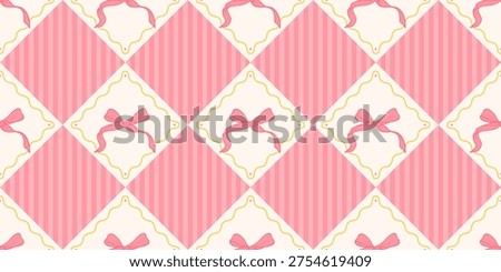 Coquette Seamless Pattern with Pink Bow Ribbon on Striped background. Feminine cute print for wrapping paper or textile. Repeat diamond shaped wallpaper. Vector illustration