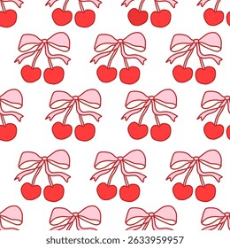 Coquette padrão sem costura com cerejas cor-de-rosa e arcos vermelhos sobre fundo branco. Design bonito e sedutor desenhado à mão em estilo romântico. Perfeito para têxteis, papel de embrulho, decoração. Ilustração vetorial