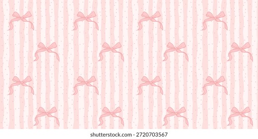 Coquette nahtloses Muster rosa handgezeichnete Streifen mit Pastel süße Schleife und Band. Wellenlinien drucken Hintergrund. Mädels Papier Hintergrund für Valentine und Geburtstag. Vektorgrafik