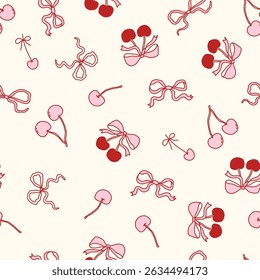 Coquette seamless pattern with pink and red cherries and cute bows on cream background. Girly and romantic hand-drawn design, perfect for fabric, stationery, packaging, and decor. Vector illustration