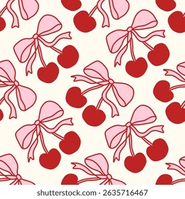 Coquette padrão sem costura com cerejas rosa e vermelha e arcos bonitos no fundo creme. Design de desenho à mão feminino e romântico, perfeito para tecido, papelaria, embalagem e decoração. Ilustração vetorial
