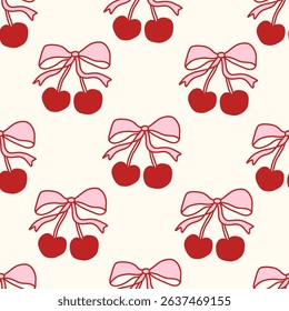 Coquette seamless pattern with pink and red cherries and cute bows on cream background. Girly and romantic hand-drawn design, perfect for fabric, stationery, packaging, and decor. Vector illustration