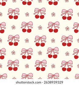 Coquette seamless pattern with pink and red cherries and cute bows on cream background. Girly and romantic hand-drawn design, perfect for fabric, stationery, packaging, and decor. Vector illustration