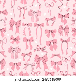 Coquette seamless pattern pink ribbon bow on light pink background background. Vector illustration. Trendy patterned girly backdrop.