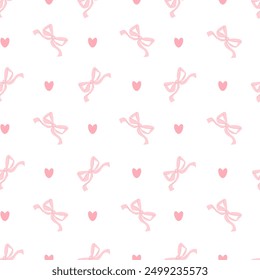 Coquette nahtloses Muster rosa Schleife und Herzen auf weißem Hintergrund. Vektorgrafik. Trendy mädchen vintage accessoires moderne zeichnung
