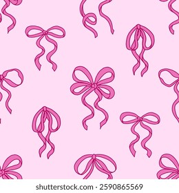 Coquette seamless pattern Pink Ribbon Bow. Pretty Girly bows. Trendy feminine romantic art for greeting cards, textile, fabric, wallpaper, wrapping. Vector Illustration.