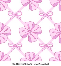 Coquette seamless pattern Pink Ribbon Bow. Pretty Girly bows on white background with pink ribbons. Trendy feminine romantic template for greeting cards, textile, wrapping. Vector Illustration.