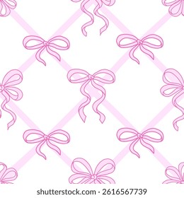 Coquette seamless pattern Pink Ribbon Bow. Pretty Girly bows on white background with pink cross ribbons. Feminine romantic art for greeting cards, fabric, wallpaper, wrapping. Vector Illustration.