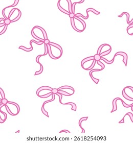 Coquette seamless pattern Pink Ribbon Bow. Pretty Girly bows on white background. Trendy feminine romantic art for greeting cards, textile, fabric, wallpaper, wrapping. Vector Illustration.
