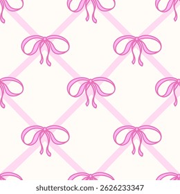 Coquette seamless pattern Pink Ribbon Bow. Pretty Girly bows on white background with pink cross ribbons. Trendy feminine romantic art for greeting cards, fabric, wallpaper. Vector Illustration.