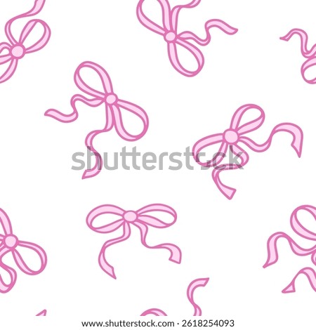 Coquette seamless pattern Pink Ribbon Bow. Pretty Girly bows on white background. Trendy feminine romantic art for greeting cards, textile, fabric, wallpaper, wrapping. Vector Illustration.