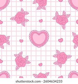 Coquette seamless pattern Pink Rose and Vintage Heart on checkered white background. Romantic Girly Vibe. Trendy aesthetic Floral patterned backdrop template. Vector illustration