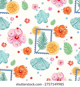 coquette seamless pattern, , pink tropical flower seamless design, seashell illustration, starfish and shell pattern, cute girly lemon, pastel beach background elements, summer repeat seamless