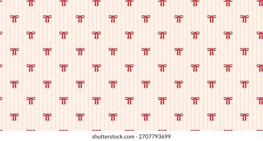 Coqueta sin patrón de lazo rojo con cintas sobre fondo beige a rayas. Fondo de papel de embalaje suave para cumpleaños, vacaciones y Navidades. Textura linda del Fondo de pantalla de la repetición. Ilustración vectorial
