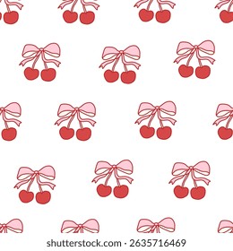 Coquette seamless pattern with red cherries tied with pink bows on white background. Cute and girly aesthetic for fabric, wrapping paper, stationery, digital design, and romantic projects. Vector art