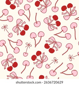 Coquette seamless pattern with red cherries tied with pink bows on pink background. Cute and girly aesthetic for fabric, wrapping paper, stationery, digital design, and romantic projects. Vector art
