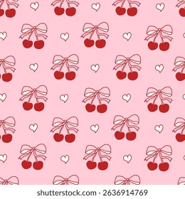 Coquette seamless pattern with red cherries tied with pink bows on pink background. Cute and girly aesthetic for fabric, wrapping paper, stationery, digital design, and romantic projects. Vector art