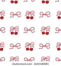 Coquette seamless pattern with red cherries tied with pink bows on white background. Cute and girly aesthetic for fabric, wrapping paper, stationery, digital design, and romantic projects. Vector art
