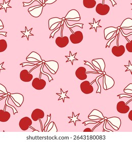 Coquette seamless pattern with red cherries tied with pink bows on a pink background. Cute and girly aesthetic for fabric, wrapping paper, stationery, digital design, and romantic projects. Vector art