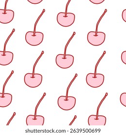 Coquette seamless pattern with red doodle cherries on a white background. Cute and girly aesthetic for fabric, wrapping paper, stationery, digital design, and romantic projects. Vector art