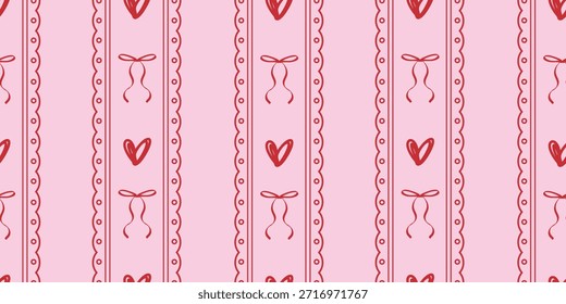 Coqueta sin patrón con garabatos rojos dibujados a mano corazones, cinta y arcos sobre fondo rosa. Antiguas fronteras caprichosas. Fondo preppy para tela, estampados, Fondo de pantalla o papel de regalo.