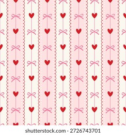 Coqueta sin patrón con corazones dibujados a mano rojo y lazos rosados en rayas rosas y blancas con fondo de encaje, diseños caprichosos y femeninos para impresiones de tela, Fondo de pantalla y papel de regalo.
