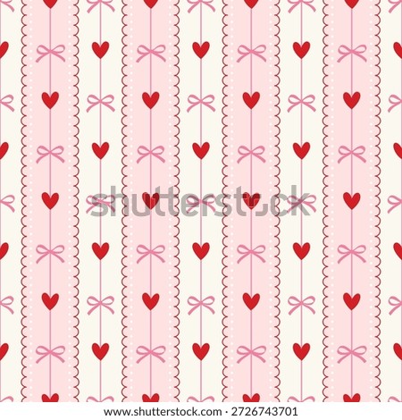 Coquette seamless pattern with red hand drawn hearts and pink bows on pink and white stripes with lace background, whimsical and feminine designs for fabric prints, wallpaper and wrapping paper.