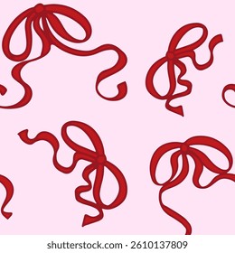 Coquette seamless pattern Red Ribbon Bow. Pretty Girly bows on Pink background. Trendy feminine romantic art for greeting cards, textile, fabric, wallpaper, wrapping. Vector Illustration.