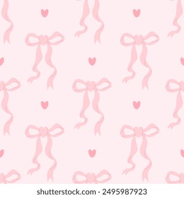 Coquette seamless pattern ribbon bow and hearts on pink background. Vector illustration. Trendy wallpaper