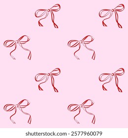 Coquette seamless pattern with ribbon bows. Trendy cute print on pink background. Design for wrapping paper, packaging for Valentine day and wedding invitations. Doodle vector illustration