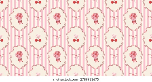 Coquette seamless pattern with ribbons, bows, flower, cherry. Vintage preppy girly background for Valentine, wedding, birthday, fabric, wrapping paper, textile, wallpaper.