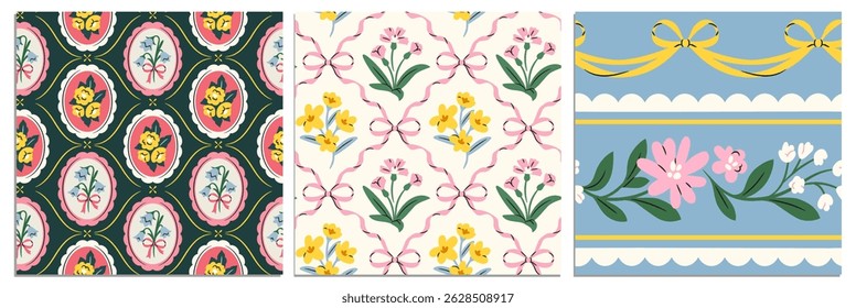 Coquette seamless pattern set. Elegant repeating ornaments with bouquets of blooming flowers and cute bows. Design for wallpaper or fabric. Hand drawn vector illustration isolated on background