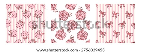 Coquette seamless pattern set featuring charming designs of strawberries, roses, and bows in soft pink and red tones with striped accents. Perfect for feminine, playful, and vintage-inspired products.
