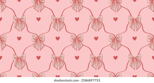 Coquette seamless pattern with striped bows and heart, trendu background for girl, coquette core design