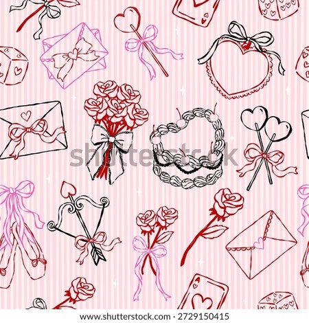 Coquette Seamless Pattern Valentine icons line art hand drawn in whimsical Groovy retro isolated on Stripes background