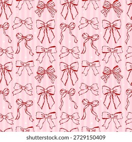 Coquette Seamless Pattern Valentine Red ribbon bows line art hand drawn in whimsical Groovy retro isolated on Stripes background