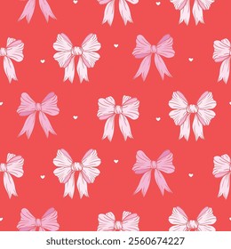 Coquette seamless pattern with various pink bow knots. Red background romantic love vector illustration for wrapping paper, packaging, fabric, wallpaper, valentine day gifts.