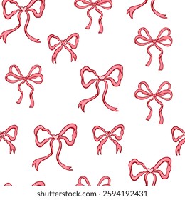 Coquette seamless pattern with various pink bow knots and gift bows, ribbons. Cute vintage feminine romantic background for textile, wedding celebration wallpaper. Vector illustration
