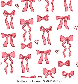 Coquette seamless pattern with various pink bow knots and gift bows, ribbons. Cute vintage feminine romantic background for textile, wedding celebration wallpaper. Vector illustration