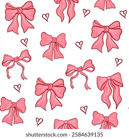 Coquette seamless pattern with various red and pink bow knots and gift bows, ribbons. Cute vintage feminine romantic background for textile, wedding celebration wallpaper. Vector illustration