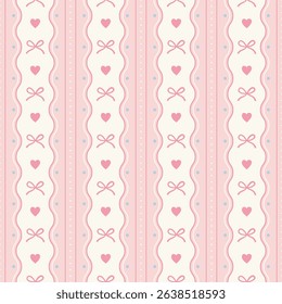 Coquette seamless pattern with vertical pink and cream stripes , decorative pink bows and heart and subtle blue polka dots background ideal for feminine designs.
