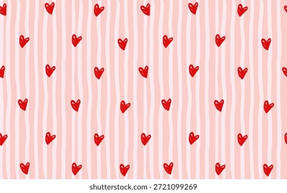 Coquette padrão sem costura com listras verticais cor-de-rosa e creme, corações vermelhos decorativos. Dia dos Namorados ilustração de Natal textura de fundo, projeto de casamento romântico.