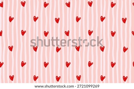 Coquette seamless pattern with vertical pink and cream stripes , decorative red hearts. Valentine's Day holiday illustration background texture, romantic wedding design.