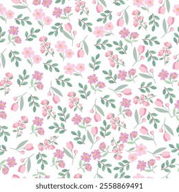 coquette seamless pink flowers pattern. Delicate petals and vibrant blossoms create an artistic and vintage botanical illustration. Perfect for wallpaper, fabric, wrapping paper and more.